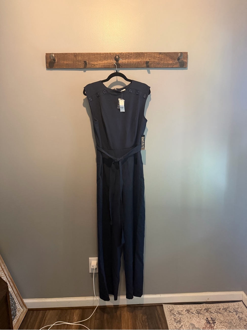 Sleeveless Navy Button-Shoulder Jumpsuit with Tie Waist